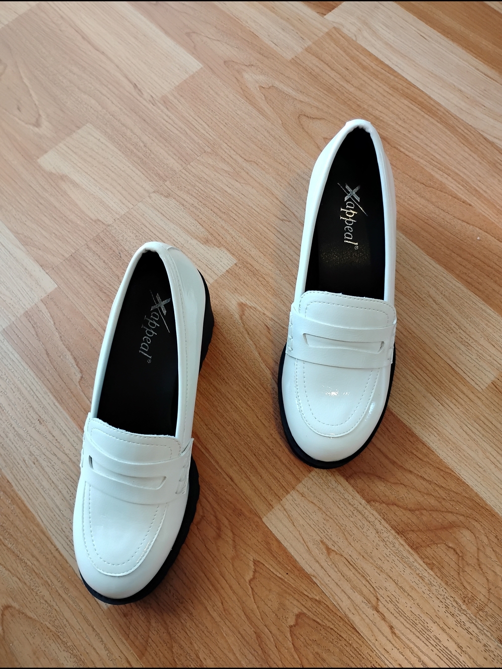 Xappeal Women's White Patent Penny Loafers with Black Sole